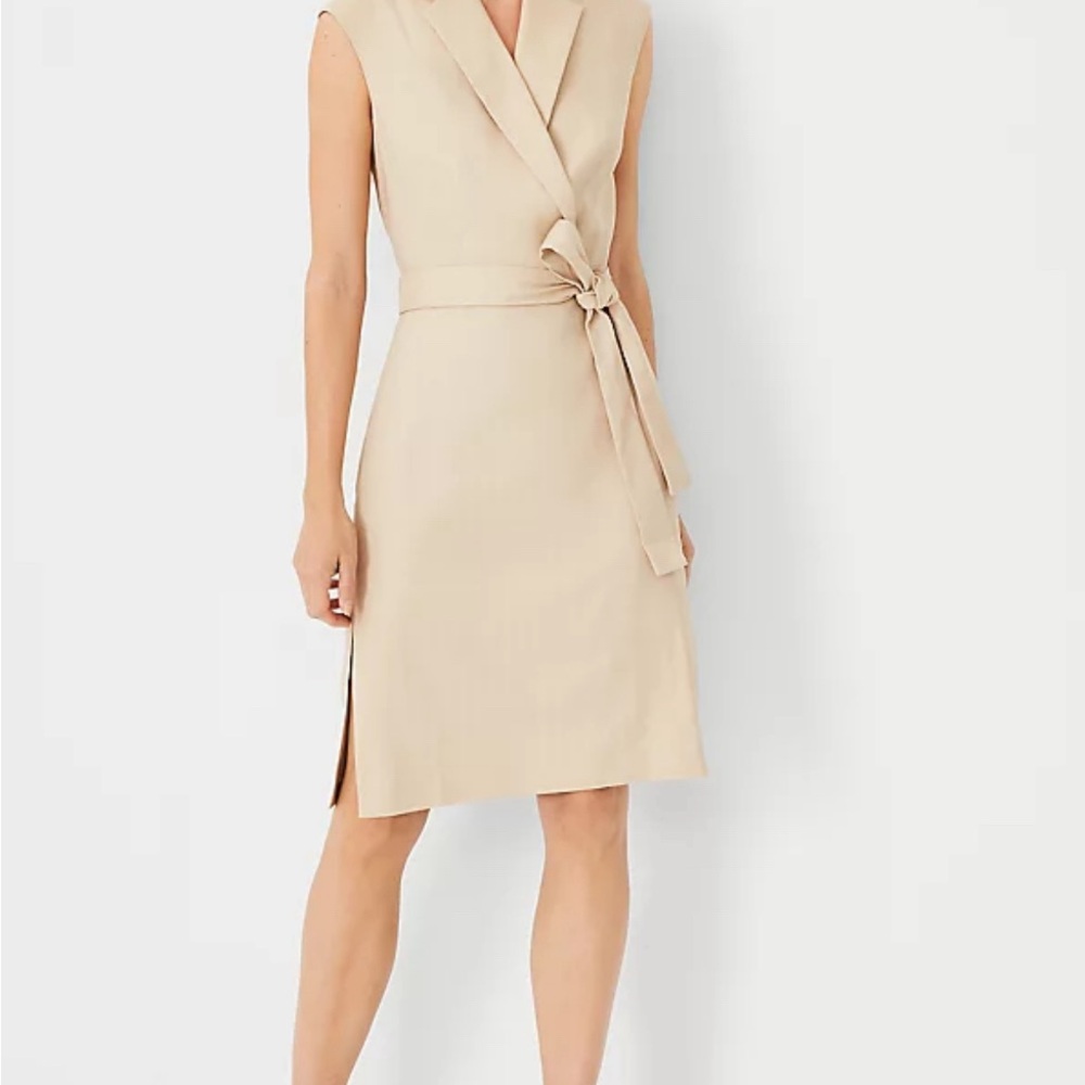 The Notched Collar Tie Waist Dress in Herringbone Linen Blend Size 6